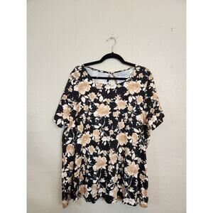 Roaman's Women's Black Floral Cotton‎ Round Neck Short Sleeve Blouse Top Size 2X